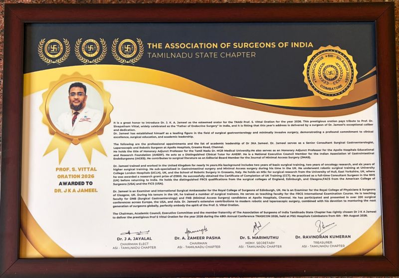 Apollo Hospitals Chennai’s&nbsp;Dr. JKA Jameel Honoured with&nbsp;the&nbsp;Prof. S. Vittal Oration&nbsp;at&nbsp;TNASICON
