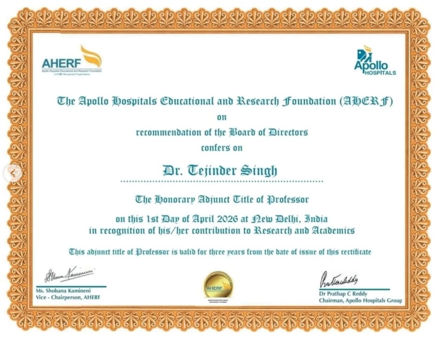 Apollo Hospitals&nbsp;Navi Mumbai’s Dr. Tejinder Singh&nbsp;Awarded&nbsp;AHERF Honorary Adjunct&nbsp;Professorship